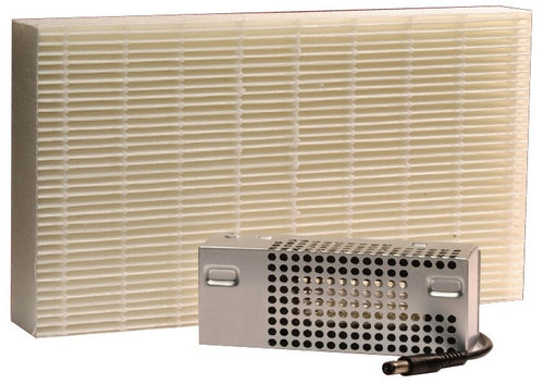 A rectangular air filter with a white grid pattern stands behind a small, silver EdenPURE Air Purification Kit featuring ventilation holes and a black power cord.