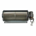 The Fan Assembly is a cylindrical metal crossflow blower fan with blades in a gray housing, featuring an electric motor and wiring at one end, viewed from the front.