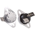 Two metal thermostat switches with mounting brackets, each with circular tops and two flat terminals, shown front and back—compatible as Left Heat Sensor for EdenPURE Wall Hugger and GEN21 (YN020) replacements.