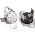 Two metal thermostat switches with mounting holes, marked KSD301 250V~10A 60—compatible as the Right Heat Sensor for EdenPURE Wall Hugger and GEN21 (YN021)—are shown: one top view, one showing two rear electrical terminals.