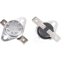 Two metal thermostat switches with mounting brackets are side by side—one shows the top labeled "Top Heat Sensor | YN017 | EdenPURE Copper Smart," while the other displays the bottom with electrical terminals.